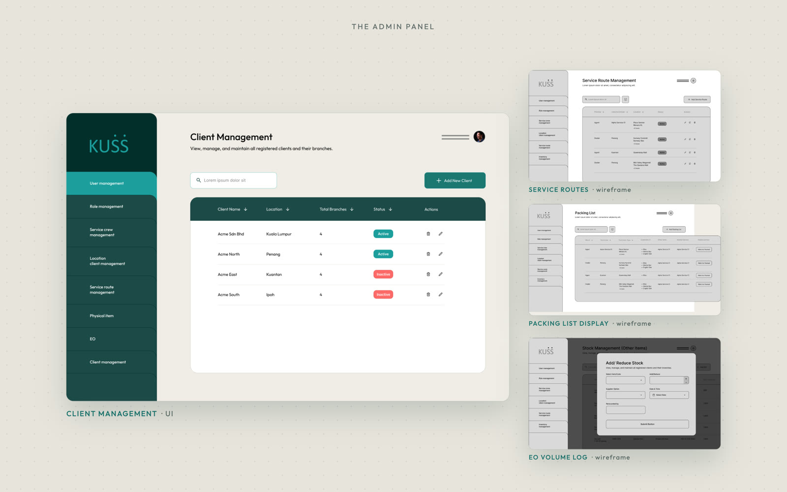 Client Management (UI) with service routes, packing list display and the EO volume log (wireframes).