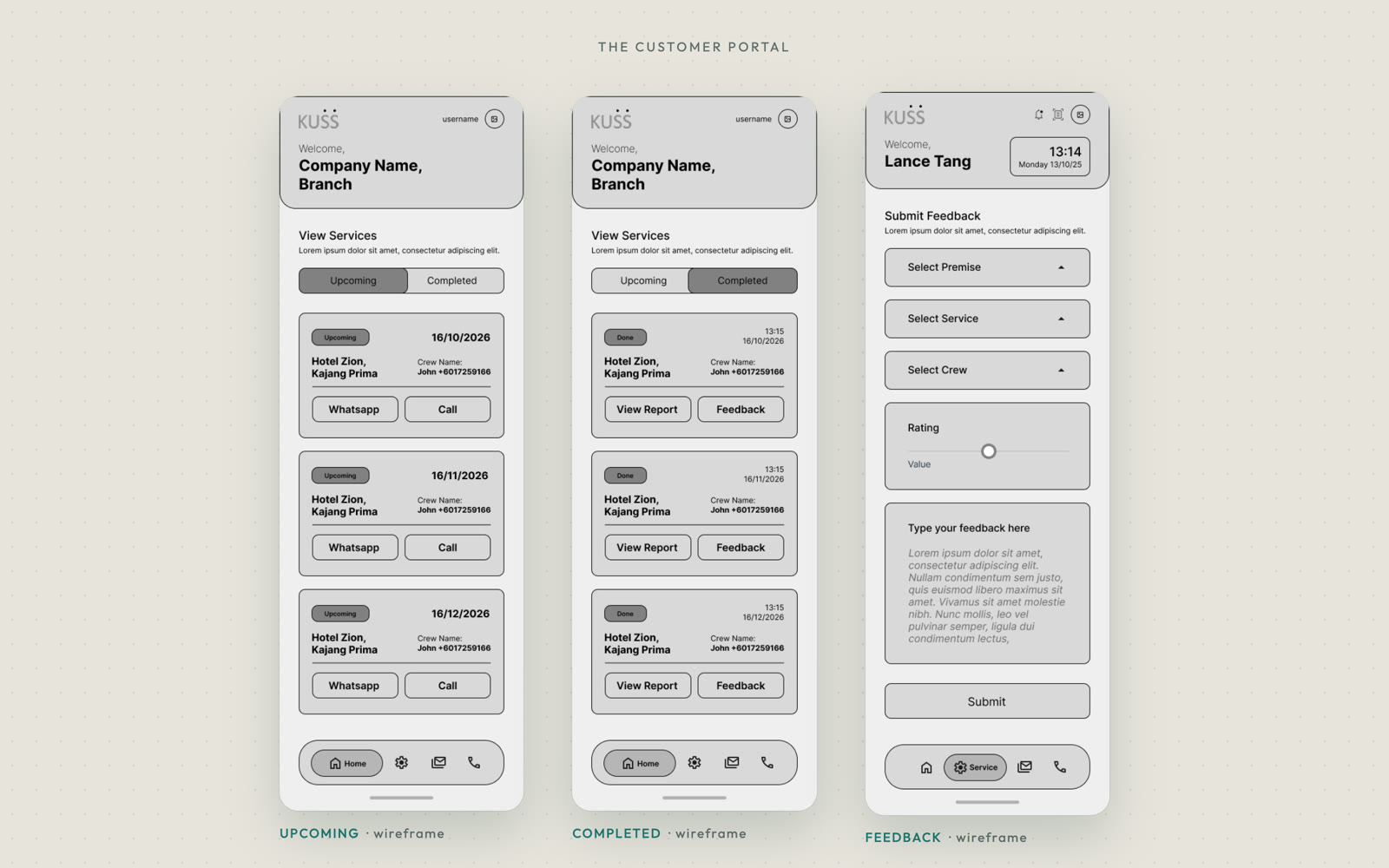 Customer portal wireframes.