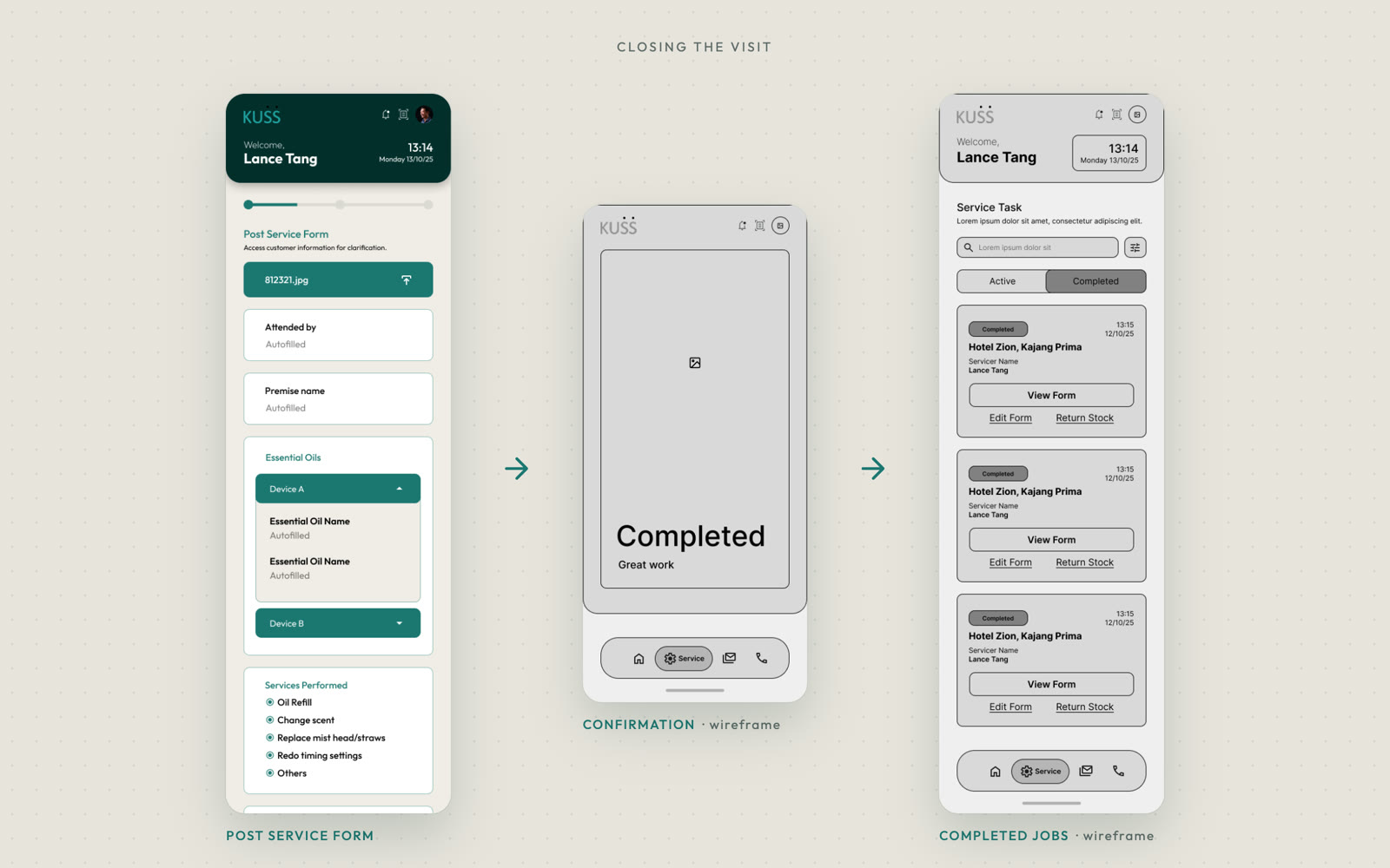 Post Service Form (final UI), then the confirmation and completed jobs (wireframes).