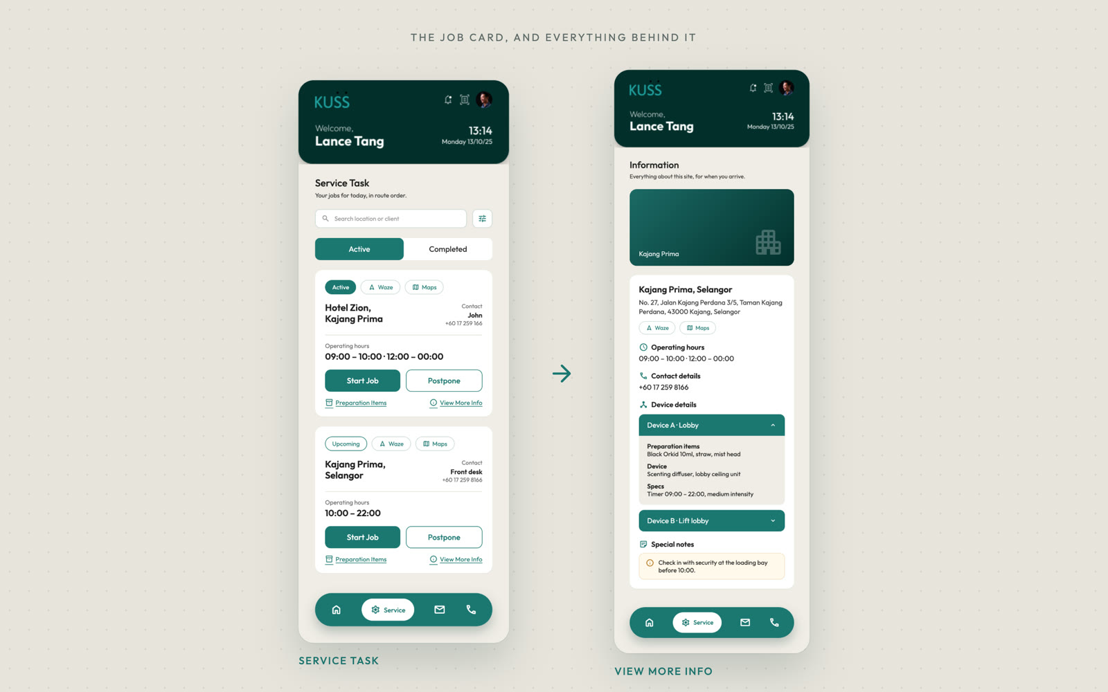 Service Task and View More Info. UI generated from my wireframes with the design system, then refined.
